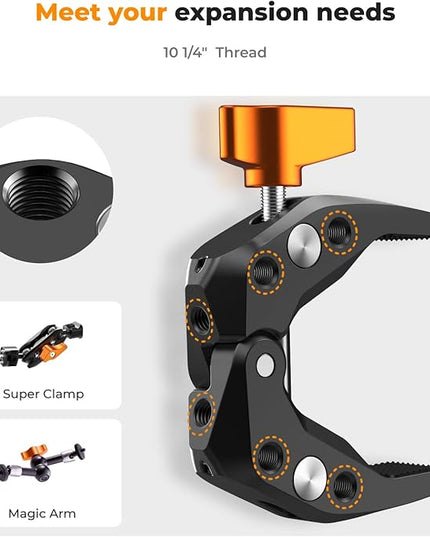 K&F CONCEPT Camera Mount Clamp, Super Crab Clamp with 1/4" Thread Holes, 60mm Max Opening for Round Pipe Flat Surface, Monitors, LED Lights, and Other Photographic Accessories