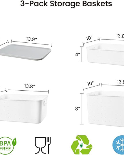 vacane 3 Pack Decorative Storage Bins with Lids, White Plastic Storage Basket for Organizing Stackable Storage Box with Handle on Closets,Classrooms,Offices