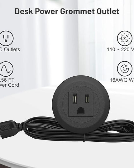Mini Desktop Power Hub Grommet Socket, Flush-Mount Desk Outlet Build-in 1 US Standard Outlet with 6.56 FT Extension Power Cord, Recessed Power Strip Socket for Desk Nightstand Cabinet Counter