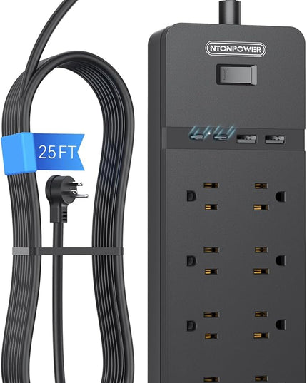 25 ft Extension Cord Flat Plug, NTONPOWER 8 Outlet Surge Protector Power Strip with 4 USB Ports(2 USB C), 15A Circuit Breaker, Wall Mount Surge Protector for Home, Office, Workbench or Garage,Black