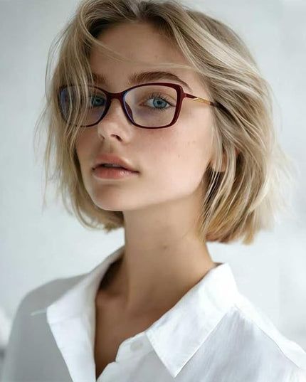 Siming Blue Light Blocking Glasses, Burgundy Frame with Gold Temples, Square Shape, Clear Lenses