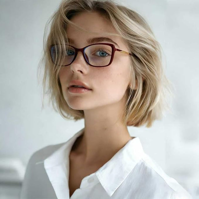 Siming Blue Light Blocking Glasses, Burgundy Frame with Gold Temples, Square Shape, Clear Lenses