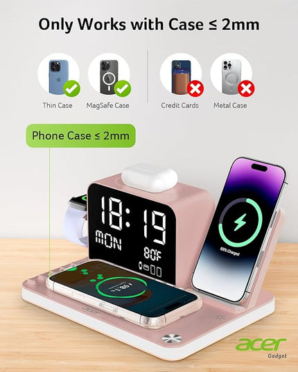 Acer 7-in-1 Wireless Charging Station with LED Clock - 30W Fast Wireless Charger for iPhone 16/15/14/13/12/Pro Max, Apple Watch, AirPods - Bluetooth Auto Time Sync & Night Lights (Pink)