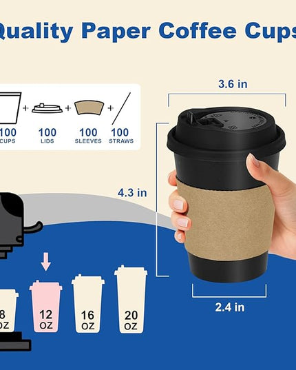 Coolcap 12 oz 100 Pack Coffee Cups with Lids and Sleeves, Straws, Hot Disposable To Go Travel Paper Cups Bulk for Office, Home Coffee Bar Accessories, Chocolate, Cocoa, Beverage (Black)