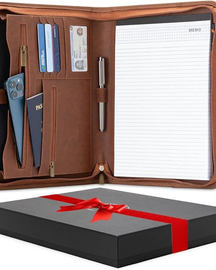 Forevermore Portfolios Padfolio Binder - Professional Faux Leather Travel Organizer Pouch for Tablet, Documents, Presentation Folders, Zipper Closure, Notepad - Brown