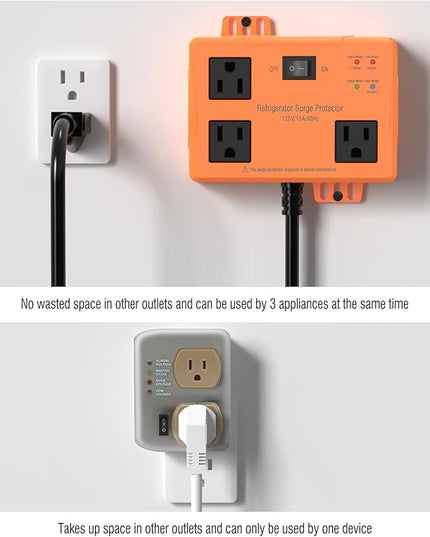 3 Outlet Refrigerator Surge Protector with Time Delay, Voltage Protector for Home Appliances, Protects Against Brownout, Spike, Instant Surge All Voltage Abnormalities, 14 AWG Power Cord (2FT)