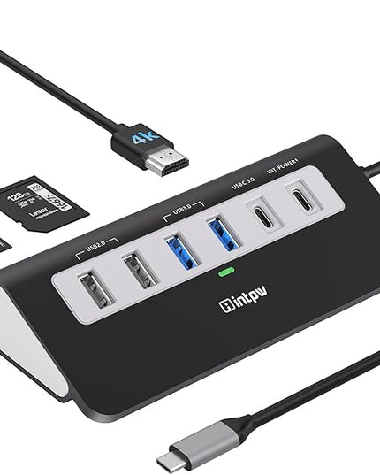 P9 USB C Hub, INTPW 9-in-1 USB Multiport Adapter with 4K HDMI, PD 100W, USB-C and 2 USB A 3.0 5Gbps, 2 USB A 2.0, SD/TF Card Reader, Aluminum Powered USB Hub for PC, iPhone 16/15 Series, MacBook, iPad