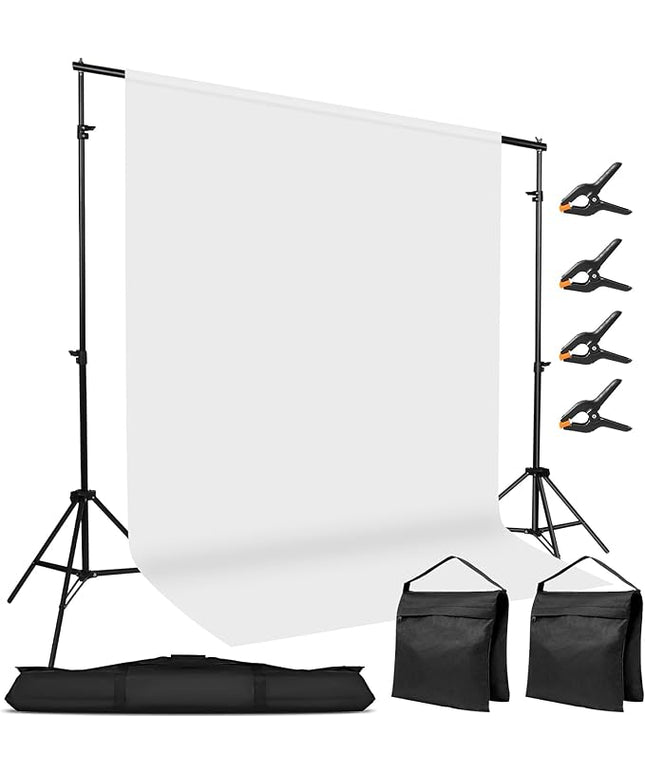 Adjustable Photography Backdrop Stand Kit 10x7ft(WxH) – Photo Studio Background Support with 4 Crossbars, 4 Clamps, 2 Sandbags, (with 10 * 7 Feet White Backdrop Curtain)
