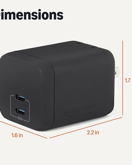 Amazon Basics Fast Charging USB C Nano GaN Wall Charger, 65W 2-Port for Laptops, Tablets, Phones, Black