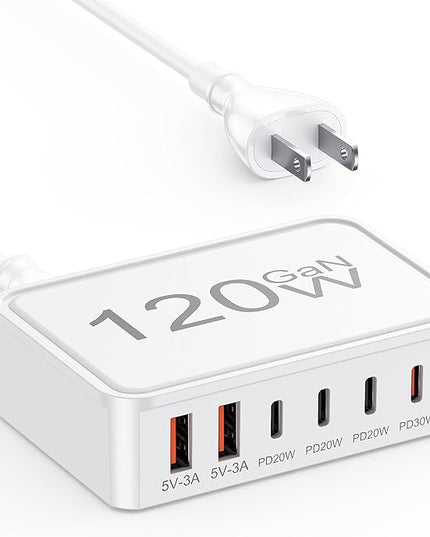 Otovoda 120W USB C Charger Block, 6 Port USB Charging Station for Multiple Devices, 5FT Desktop Multi Charging Hub Compatible with iPhone Samsung ipad, for Travel Home Office