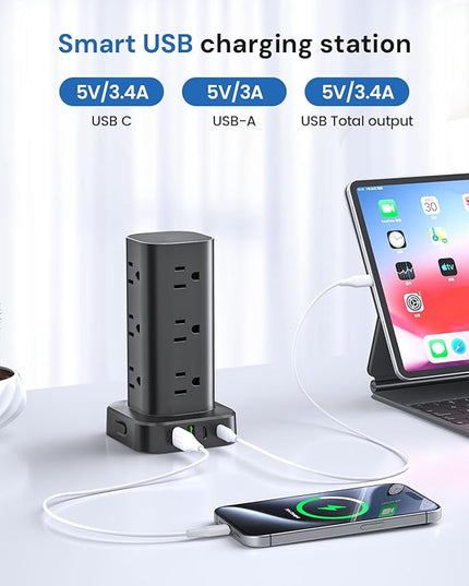 Tower Power Strip with Surge Protector - 12 AC Outlets & 4 USB Ports (2 USB-C), 6FT Extension Cord, Charging Station Tower for Home Office Dorm Travel (Black)