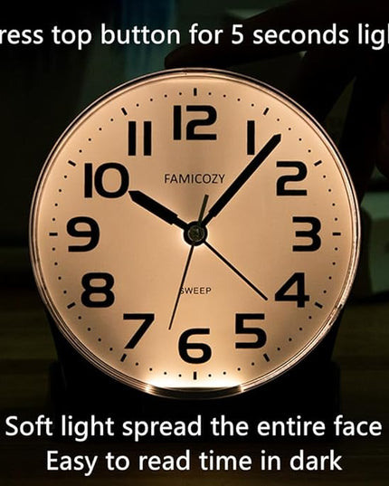 FAMICOZY 4.5" No Ticking Analog Alarm Clock,Silent Readable for Seniors,Easy to Set,Gradual Rise Alarm,Big Numbers,On/Off Switch on Side,Gentle Wake,Snooze Soft Backlight,Battery Operated,Black