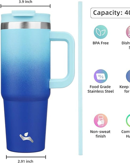40 oz Tumbler with Handle and 2 Straws,2 in 1 Lid Insulated Water Bottle Stainless Steel Travel Coffee Mug,Sky