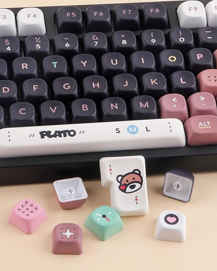 Tsungup PBT Keycaps-Black Cute MOA Keycaps,130 Keys Dye Sub Bear Theme Custom Key Caps Keyboard Keycap Set for 100%, 75%, 65%, 60% Mechanical Keyboard