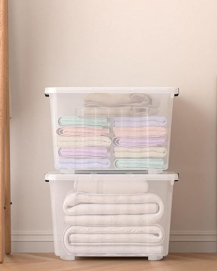 70 Quart 4 Pack Plastic Storage Bins with Latch Lids and Wheels, Clear Large Latching Storage Container