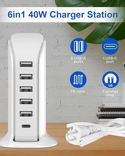 Charging Station for Multiple Devices 40W Upoy, Wall Charger Block 5 USB Ports(Shared 6A), USB Charging Hub Smart IC, Charger Tower with Type-C 3A for iPhone iPad Tablets Smartphones, Home Office Use