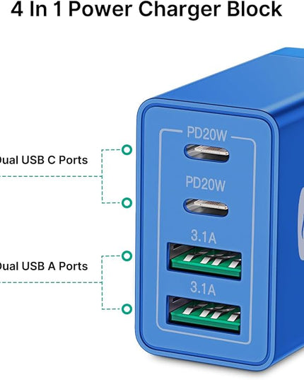 [2-Pack] USB C Wall Charger, 40W Fast USB C Charger Block, 4-Port PD + QC Wall Plug Multiport Type C Charging Block for iPhone 16 15 14 13 12 11 Pro Max XR XS 8 7, Tablets, Cellphones Cube