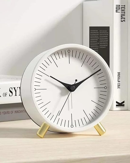 SHISEDECO Alarm Clock with Backlight, 4.5 inches Bedside Analog Non-Ticking Silent Small Deskclock with Arabic Numerals, Battery Operated Round Tableclock for Living Room, Bedroom (White-S)
