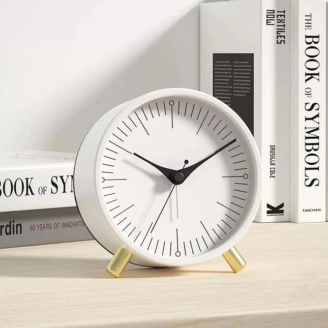 SHISEDECO Alarm Clock with Backlight, 4.5 inches Bedside Analog Non-Ticking Silent Small Deskclock with Arabic Numerals, Battery Operated Round Tableclock for Living Room, Bedroom (White-S)