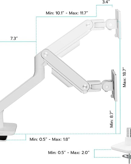 ARES WING Ultrawide Monitor Arms White with USB A/C, Heavy Duty Monitor Arm for 17 to 49 inch Screen, Holds 44 lbs, Adjustable Gas Spring Desk Mount with Clamp and Grommet Base