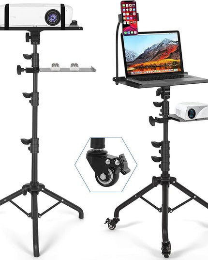 Laptop Tripod on Wheels with 2 Shelves, Portable Projector Floor Stand Adjustable Height 25.9 to 51.8 Inch with Phone Holder