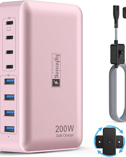 8-Port USB C Fast Charger Block 200W with Flat Plug, Braided Power Cord, and On/Off Switch- USB Charging Hub for iPhone, iPad, MacBook and More- 65W C Port Power Adapter for Laptops