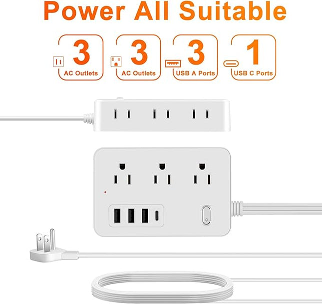 10Ft Surge Protector Flat Extension Cord Flat Plug Power Strip, 6AC Outlets, 4 USB Charger(1 USB C Port), 1700 Joules Protection, Office Supplies, Dorm Room Essentials
