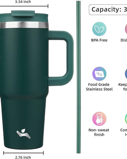 30 oz Tumbler with Handle and 2 Straws,2 in 1 Lid Insulated Water Bottle Stainless Steel Travel Coffee Mug,Dark Green