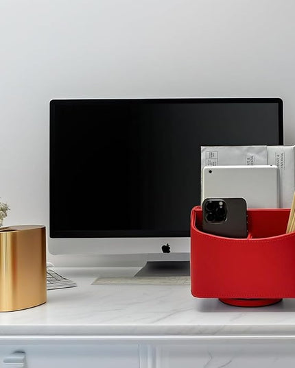 UnionBasic Rotating Desk Organizer, 360 Degree Desk Spinning Caddy, Desktop TV Guide/Mail/Media/Remote Controller Holder Organizer, Red