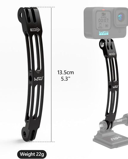 HSU Aluminum Alloy Curved Extension Arm (5.3”) Metal Pole Mount Helmet Stick Extension Arm Mount for GoPro Hero 13/12/11/10/9/8/7/6 Black, DJI Osmo Action 4/3 and More Action Cameras (Black)