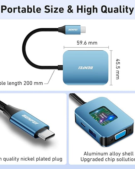 BENFEI USB C HUB 4-in-1, USB Type-C to HDMI VGA Adapter, USB C to USB Adapter, USB Type-C Power Delivery, Compatible with iPhone 15 Pro/Max, MacBook Pro/Air 2023, iPad Pro, iMac, S23, XPS 17
