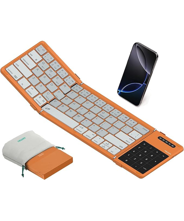 Nillkin Upgraded Foldable Bluetooth Keyboard with Touchpad & Number Pad, Portable Wireless Keyboard for Travel, Pocket-Sized, Full Size Keys, Support 3 Devices for iPad Laptop Tablets Phone, Orange