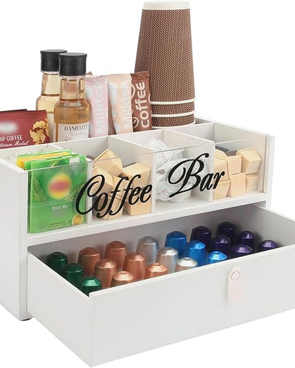Intarsio 2-Tier Coffee Bar Organizer with Clear Acrylic Top, Built-in Drawer and Leather Handle Pull for Countertop, Stylish Coffee Station Storage Box for Accessories, Pods, Great Gifts for Home