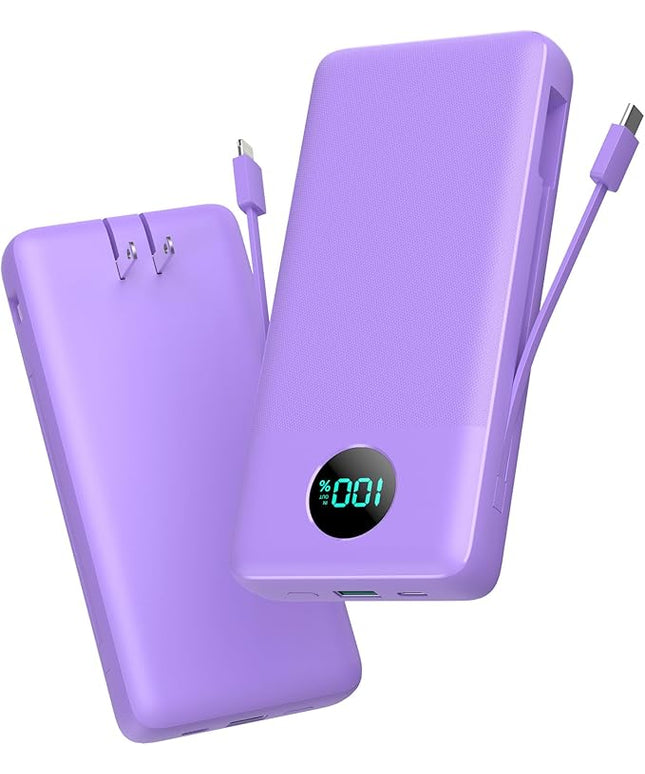 Portable Charger 33800mAh USB C Power Bank with Built-in Cables & AC Wall Plug,25W Fast Charging+QC 4.0 Phone Charger,4 Output Travel Essentials Battery Pack for iPhone16/15/14/13,Samsung,Android etc