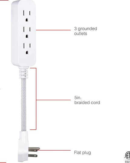 GE 3-Outlet Power Strip Surge Protector 5 Inch Braided Extension Cord with Multiple Outlets Grounded Flat Plug ETL Listed White 45190