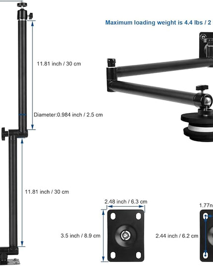 Articulating Camera Wall Mount with 1/4"-20 Threaded Compatible with DSLR/Security/Webcam/Action/LED Light/CCTV POV Camcorder Cameras,Adjustable Aluminium Alloy Arm Metal Base