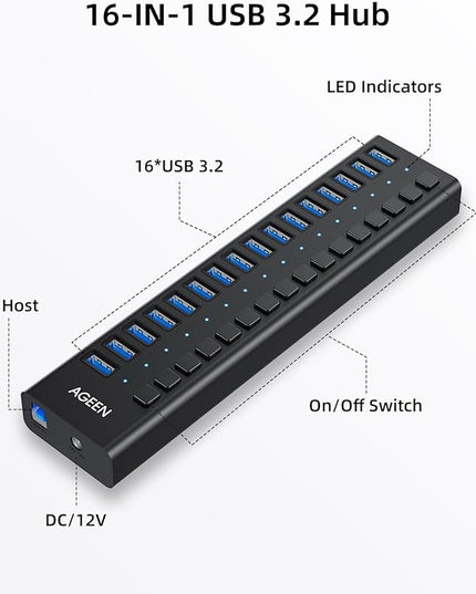 AGEEN 16-Port USB 3.2 Gen 2 Hub, 10Gbps High-Speed Aluminum Powered Hub with 96W Adapter, Individual Switches & Surge Protection for PC/Laptop, Flash Drive, Printer, Camera