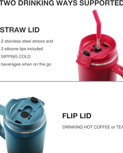 40 oz Tumbler with Handle, Insulated Tumblers with Lid and Straw, Large Metal Sports Water Bottle Jug, Thermal Stainless Steel Travel Coffee Mug Cup, Raspberry