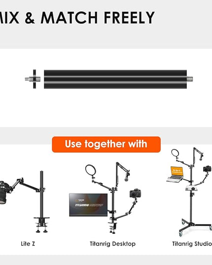 TARION Modular Base Extension Rod - 21.6"/55cm Extension Pole Set (2× 10.8" Sections) Compatible with Titanrig Lite Z, Desktop, Studio, Cart Products