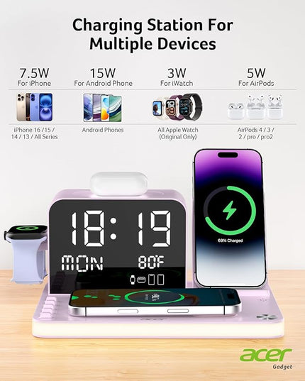 Acer 7-in-1 Wireless Charging Station with LED Clock - 30W Fast Wireless Charger for iPhone 16/15/14/13/12/Pro Max, Apple Watch, AirPods - Bluetooth Auto Time Sync & Night Lights (Purple)