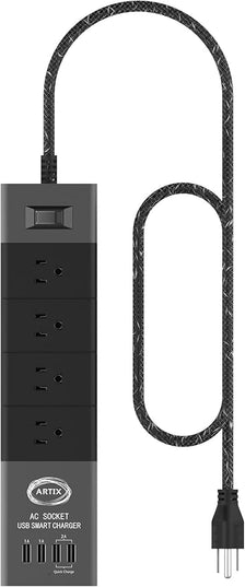 Power Strip Surge Protector by Artix NRGPower C500, Aluminum with Scratch-Proof Rubber Protective Outlets, 4 Outlets and 4 USB Ports, iSmart Technology Charging Station (Black & Gray)