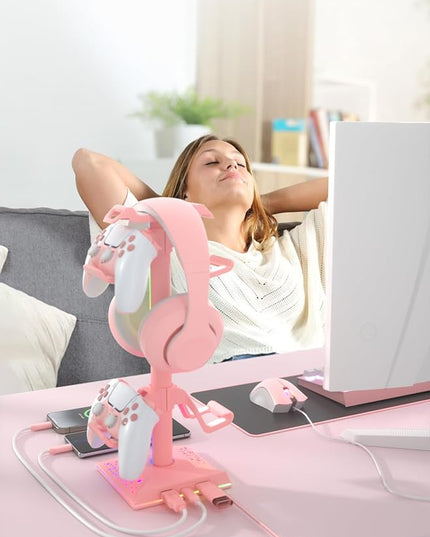 VCOM RGB Gaming Headphones Stand with 2 USB Ports, Pink Headset Stand with 10 Light Modes and Non-Slip Rubber, Suitable for PC Desk Accessories Gamers Gift(Pink)