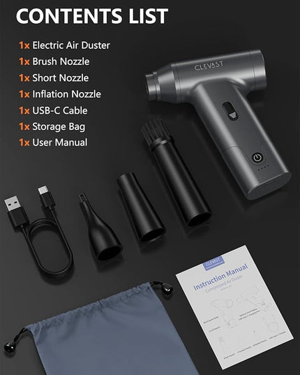 CLEVAST Compressed Air Duster – Super Power Cordless Electric Mini Air Blower, 130,000 RPM Brushless Motor, Stepless Speed Control, Rechargeable for PC, Keyboard, Car, Electronics Cleaning Kit