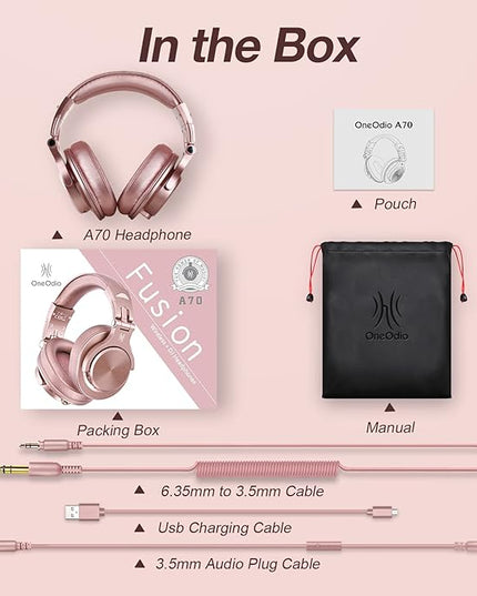 OneOdio A70 Bluetooth Over Ear Headphones, Wireless Headphones w/ 72H Playtime, Hi-Res, 3.5mm/6.35mm Wired Audio Jack for Studio Monitor & Mixing DJ Guitar AMP, Computer Laptop PC Tablet - Rose Gold