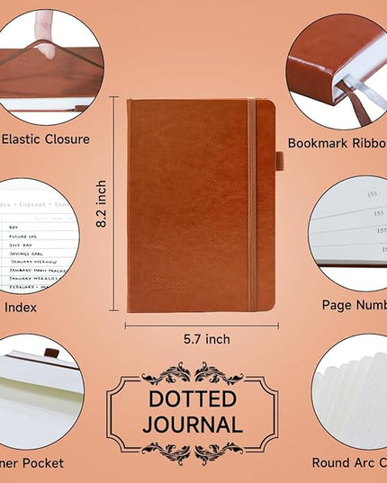 feela Dotted Journal Kit, Dot Grid Journal Hardcover Planner Notebook Set For Beginners Women Girls Note Taking with Journaling Supplies Stencils Stickers Pens Accessories, A5, 224 Pages, Brown