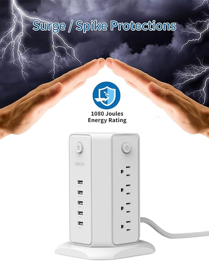 Power Strip Tower Surge Protector, NTONPOWER 8 Outlet 5 USB Desktop Charging Station 1625W 13A, 6ft Extension Cord Flat Plug, Individual Switches, 1080 Joules, Overload Protection for Home Office
