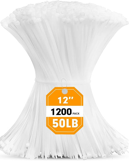 Zip Ties, RAZCC 1200pcs Cable Zip Ties 12 Inch, Heavy Duty White Plastic Wire Ties with 50lb Tensile Strength, Self-Locking Nylon Cable Ties, Wire Management for Indoor and Outdoor