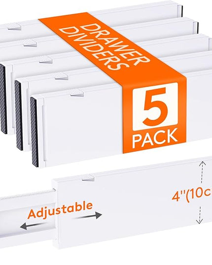 Lifewit 5 Pack Drawer Dividers Plastic 4" High, 13.5-22" Adjustable Drawer Organizers for Clothes, Expandable Dresser Separators in Bedroom/Bathroom/Kitchen/Fridge/Office Organization and Storage