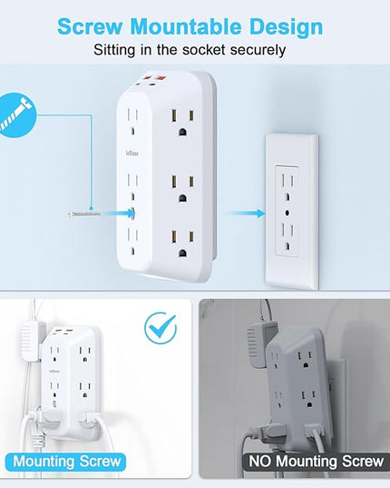 Outlet Extender Wall Charger with Multi Plug Adapter 9 AC Outlets 4 USB Charging Ports 1875W 1050J Surge Protector Power Strip Spaced Splitter for Home, Travel, Dorm Room Essentials