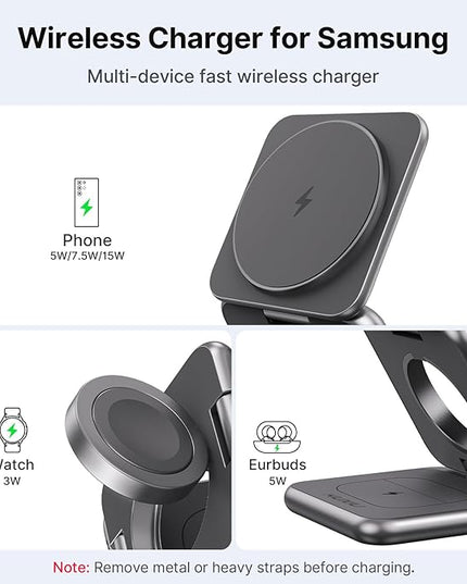 KU XIU Wireless Charger for Samsung,Aluminum Alloy Foldable 3 in 1 Wireless Charging Station for Samsung Galaxy S25 Ultra S24 S23 Note Z Fold 7 Flip/Buds,Fast Charger for Galaxy Watch Ultra 7 6 5 4
